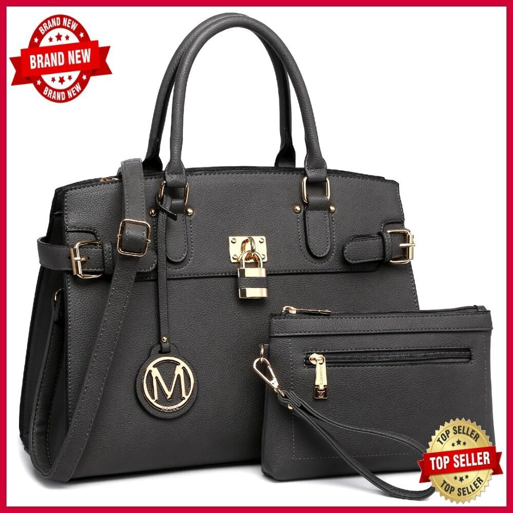 Vegan Leather Satchel Tote with Wristlet, Adjustable Strap, Multi-Pocket Work